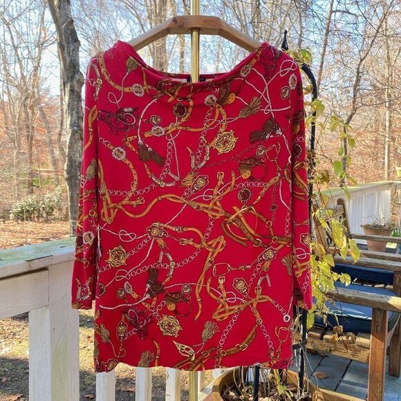 Talbots Red Gold Equestrian Cowl Neck Blouse Top - Picture 2 of 7